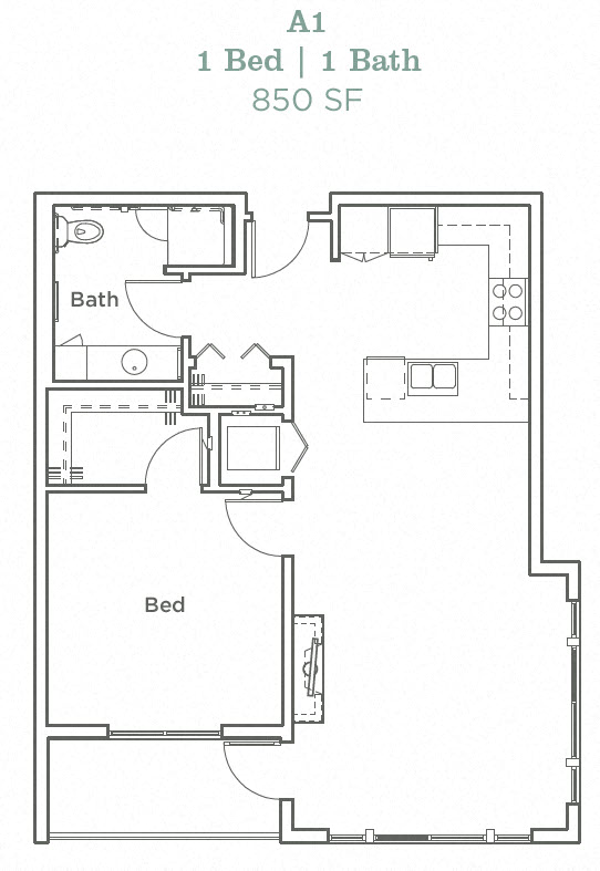 Floor plan for 1 bed, 1 bath, 850 sqft